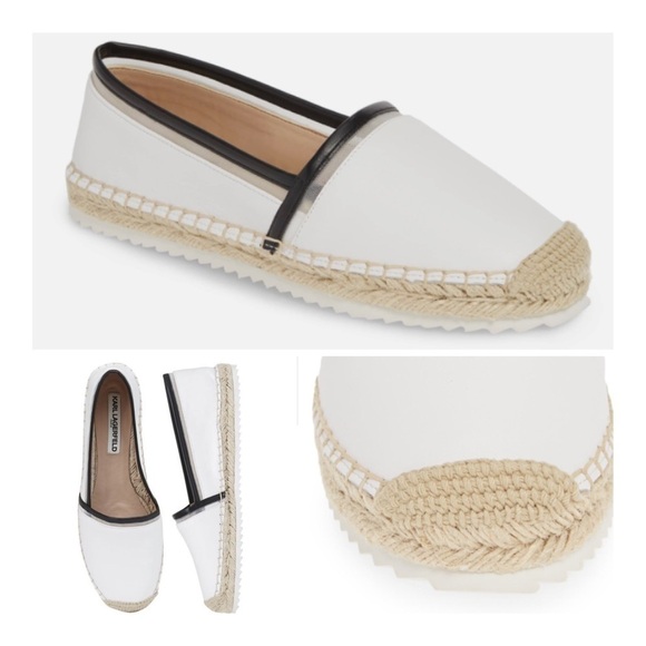 KARL LAGERFELD PARIS Alaine White/Black Nappa Leather Espadrilles - Picture 1 of 12